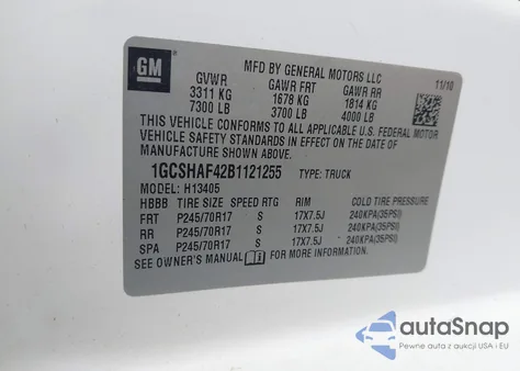 2011 Chevrolet Express G1500 z USA, uszkodzony, nr VIN 1GCSHAF42B1121255